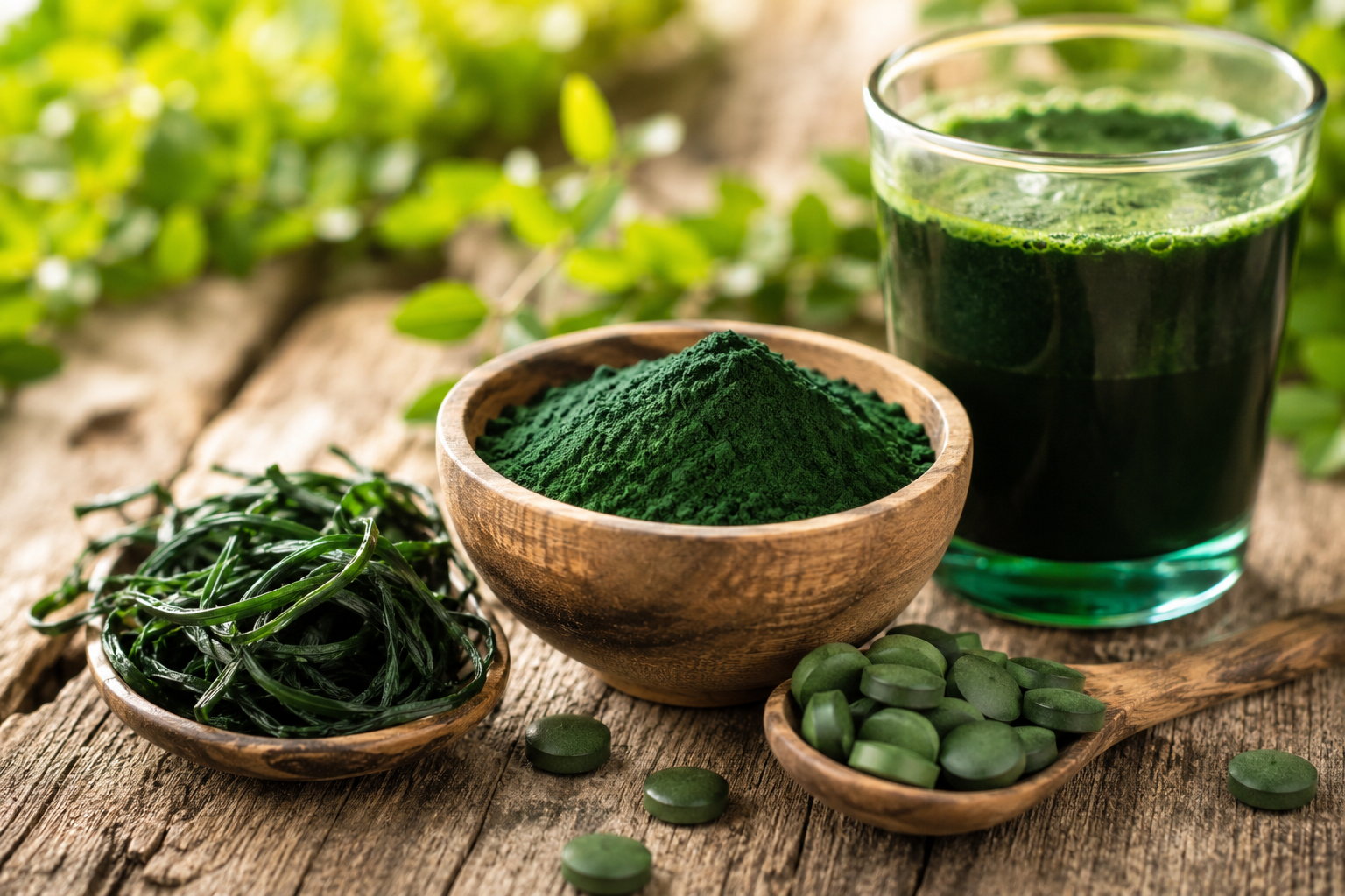 Spiruline en poudre, comprimés, algues et boisson verte sur bois naturel